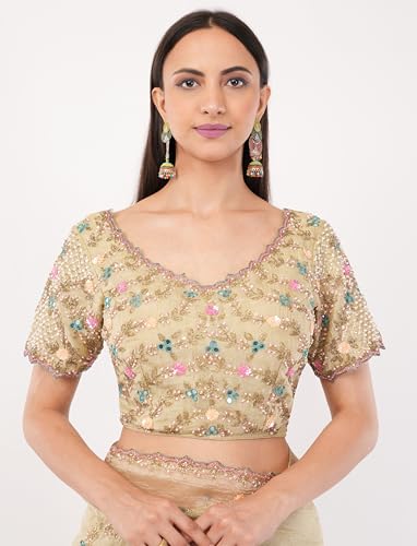 Gaon Originals Hand-Embroidered Silk Saree in Pastel Beige – 5.5m