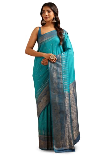 Soch Womens Turquoise Blue Silk Blend Ethnic Motifs Zari Woven Saree