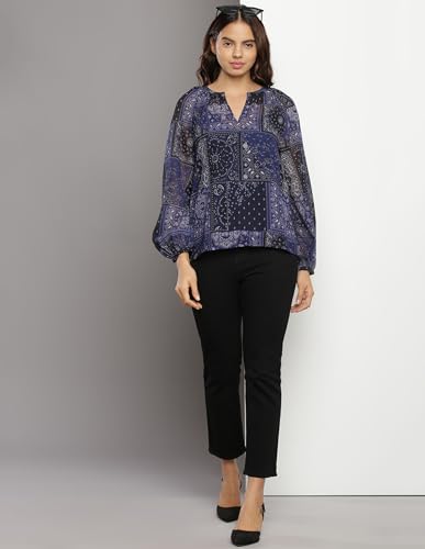 Tommy Hilfiger Navy Blue Polyester Printed V-Neck Full Sleeves Regular Fit Women Blouse (F23HWWT014) Size-L