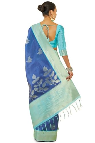 Soch Womens Blue Tussar Silk Saree With Zari Woven Foliage Designs
