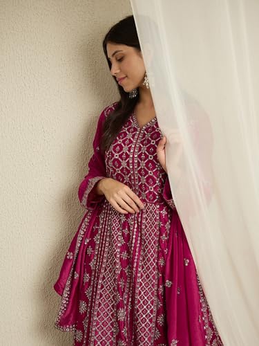 Miss Ethnik Women's Maroon Chinon Stitched Gown With Dupatta Full Sleeve Embroidered A-Line Gown (MEY-1236-Maroon-3XL)