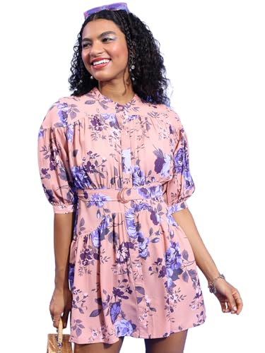 Tokyo Talkies Women Mandarin Neck 3/4 Sleeve Mini Dress TTJ6010875 Pink XL