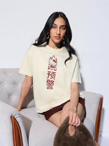 The Souled Store Hello Kitty: Heartbeat Women and Girls Short Sleeves Round Neck Cream Graphic Printed Cotton Oversized Breathable Durable Streetwear T-Shirt