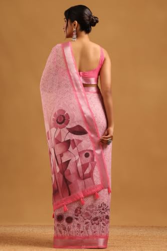 Soch Womens Pink Linen Botanical Saree