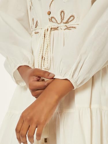 Max Women Embroidered Tiered A-line Dress (Off White_XL)
