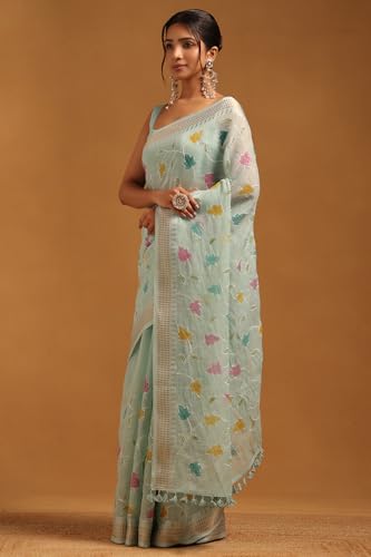 Soch Womens Powder Blue Linen Botanical Saree With Sequins