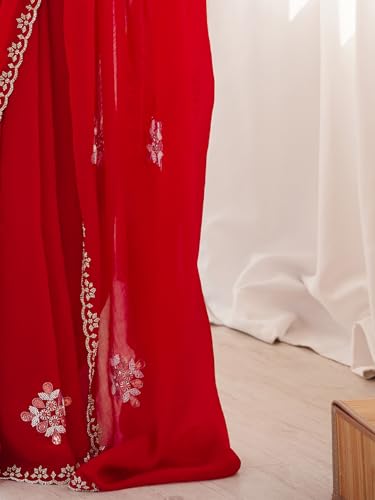 AKHILAM Women's Red Tissue Embellished Saree With Unstitched Blouse Piece (KRIYNS5407_KH)