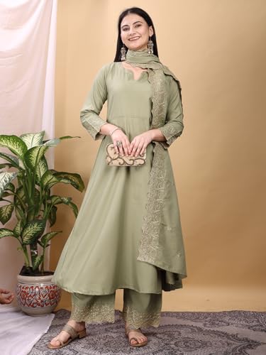 Granthva Fab Kurta Set for Women Silk Embroidered Anarkali Kurta with Palazzos and Dupatta (kurta set for women_BKG-1109-S_Light Green)