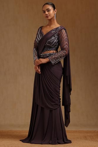 Soch Womens Lavender Spandex Solid Ready To Wear Saree
