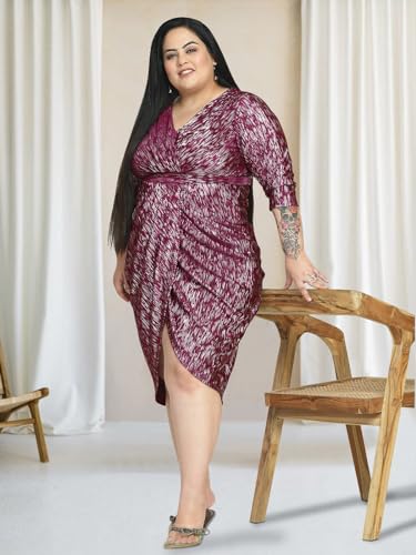 wild U Women Plus Size Cocktail Dress | Wrap | Pleated | Stretchable | Western Stylish - Wine Silver - 7XL