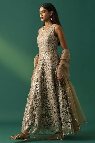 Wishful Women's Beige Embroidered Anarkali Dress with Churidar and Dupatta Set - (SP11508-401099-XL)