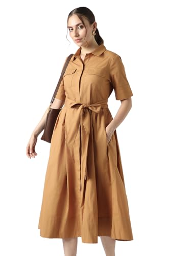 Women Yellow Ochre Solid Calf-Length Casual Dress