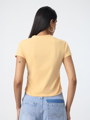 The Souled Store Pets On Prints: Women and Girls Short Sleeves Mock Neck Light Yellow Embroidered Cotton Regular Fit Breathable Lightweight Everyday Streetwear T-Shirt