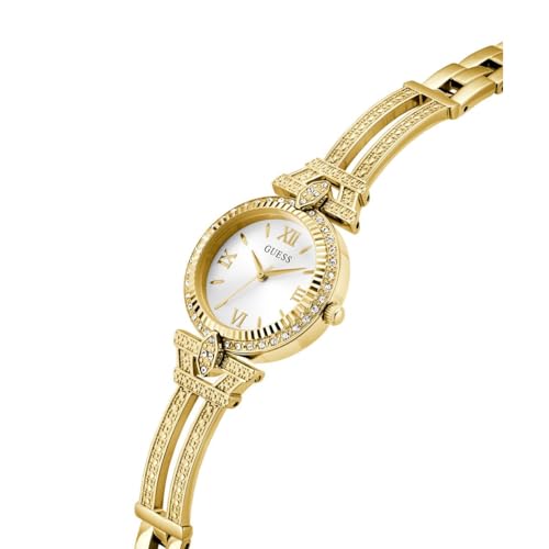 Guess Gb Delphine Analog Watch for Woman with White Round Dial & Gold Tone Recycled Steel Bracelet Band Water Resistant Women's Wrist Watches - GW0864L2