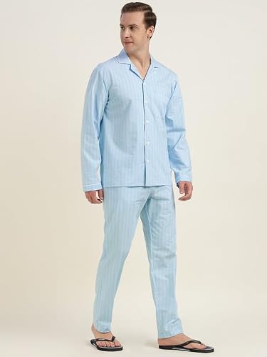 Hancock Men Cotton Checked Relaxed Fit Night Suit Blue Size S