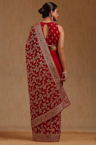 Soch Womens Fuchsia Georgette Embroidered Saree With Stone Work