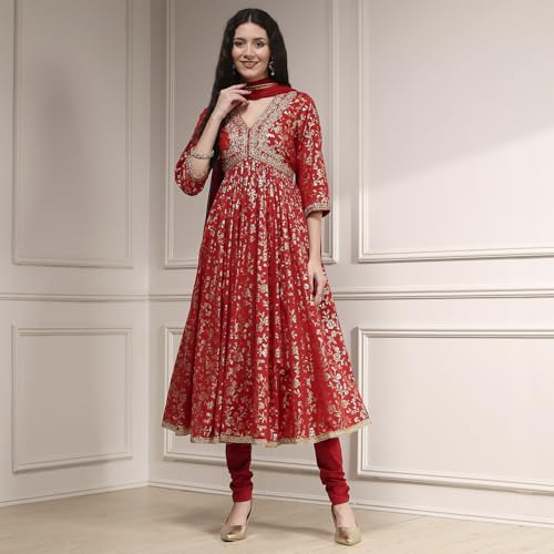 Biba Women's Red Cotton Anarkali Printed Suit Set
