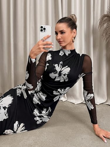 FASHION YARI Women's Summer Mesh Sheer Long Sleeve Midi Ruched Bodycon Dress Mock Neck Elegant Evening Party Cocktail Dresses Black