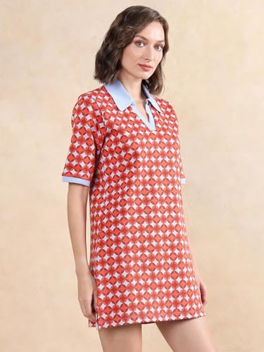Rareism Women's Cotton Ribbed Collar Geometric Print Midi Relaxed Fit Dress