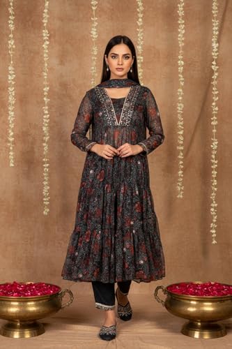 W for Woman Black Floral Printed Chiffon Flared Kurta with Straight Pant and Dupatta Set (WS13197-126216-XS)