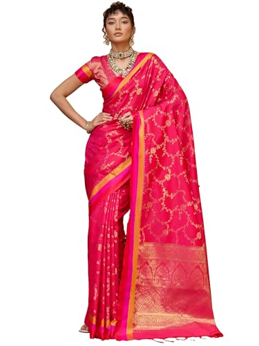 AKHILAM Women's Pink Pure Silk Ethnic Motif Printed Saree With Unstitched Blouse Piece (COLOURS005_RJ)