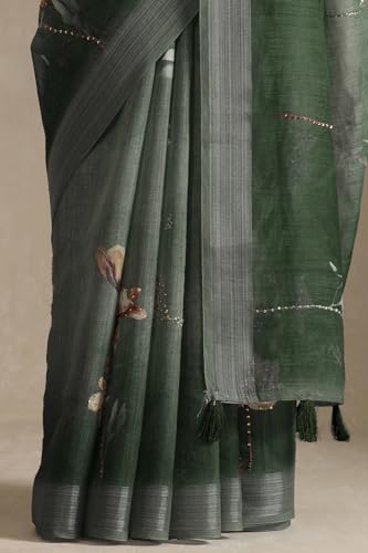 Soch Womens Olive Linen Floral Print Saree With Sequins