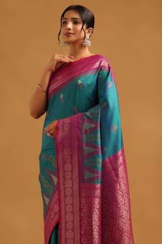 Soch Womens Teal Silk Blend Ikat Weave Zari Woven Saree