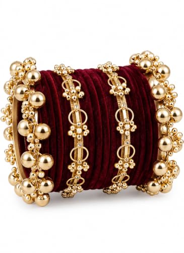 EA'S ACCESSORIZE Women’s Traditional Bangle Set 24 Pcs | 18 Aluminium Bangles, 4 Kashmiri Bangles & 2 Big Ghungroo Bangles | Maroon & Gold Stone Work Ethnic Bangles for Women, 2.4