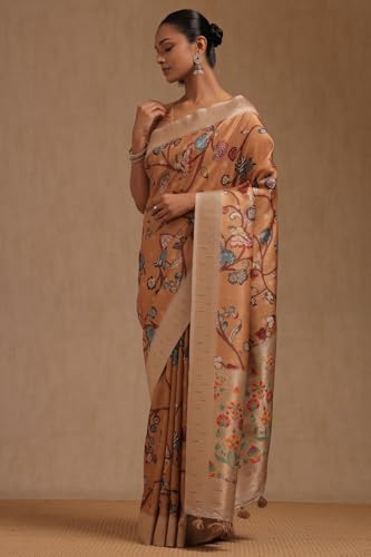 Soch Womens Mustard Tussar Floral Print Saree
