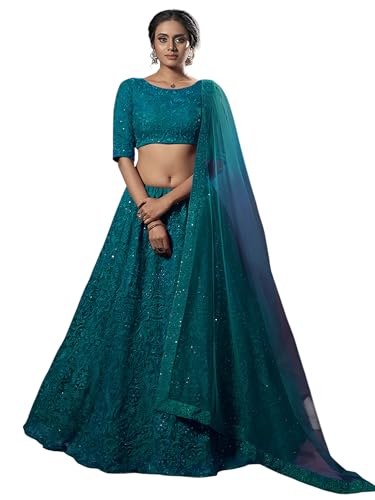Zeel Clothing Thread Sequins Embroidery Work Soft Net Semi-Stitched Lehenga Choli Set With Dupatta (6017-Teal-Green-Women-Lehenga-Choli-New; Free Size)