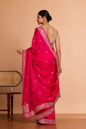 Taneira Women Pink Viscose Satin Embroidered Saree With Unstitched Blouse Piece (SAPP09AC5305-Pink)