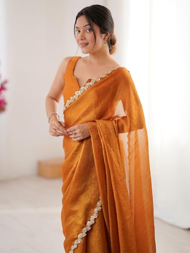 AKHILAM Women's Orange Chiffon Embellished Saree With Unstitched Blouse Piece (FNPATTI1004_AB)