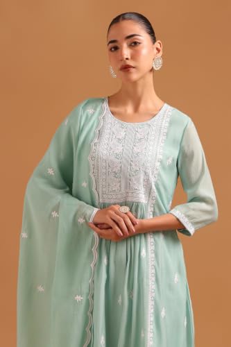 Soch Womens Turquoise Blue Mul Chanderi Embroidered Ethnic Motifs Chikankari Embroidery Salwar Suit