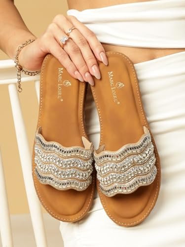 Marc Loire Women Embellished Ethnic Flats | Slip-On Open Toe Chappals | Indian Fashion Sandals with Comfortable Sole (Beige, UK Footwear Size System, Adult, Women, Numeric, Medium, 6)