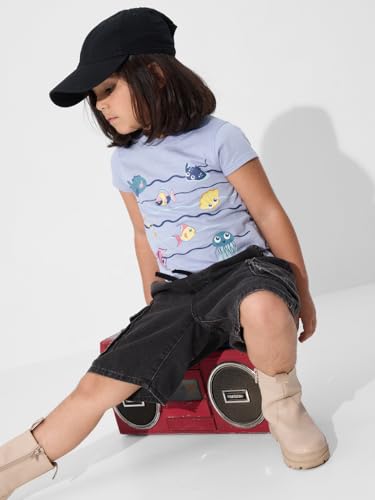 The Souled Store Aqua Life Girls Short Sleeves Round Neck Blue Printed Regular Fit Cotton T-Shirts (2-8 Yrs)