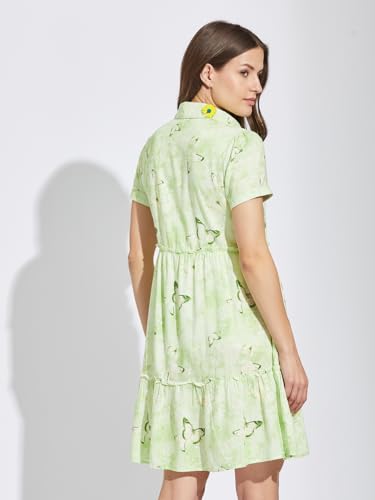 Latin Quarters Women Green Collar Neck Half Sleeves Printed Above Knee Shirt Dress for Casual Wear_L