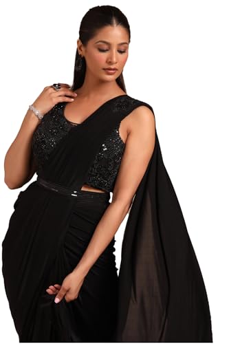 Soch Womens Black Nylon Blend Solid Ready To Wear Saree With Beads And Stones