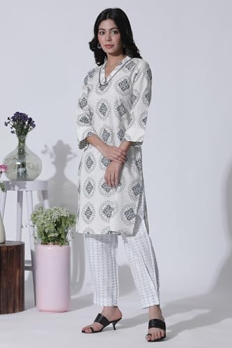 W for Woman White Geometric Printed V-neck Cotton Kurta, Salwar with Dupatta Set_24ONWS10600-123025_XL