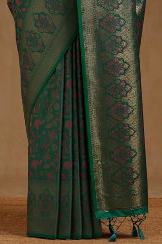 Soch Womens Teal GreenTussar Floral Woven Design Saree