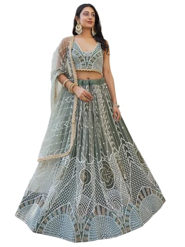 Zeel Clothing Women's Thread Sequins Work Embroidery Net Fascinating Semi-Stitched Lehenga Choli With Dupatta (2136-Green-Wedding-Women-Lehenga-Choli-Latest; Free Size)