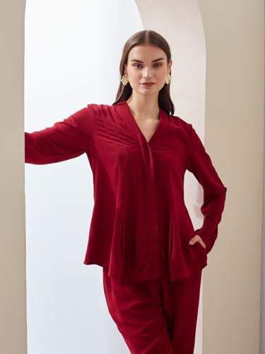 Latin Quarters Women Solid Red Full Sleeves V-Neck High Rise Casual Co-ord Set (in, Alpha, M, Regular)