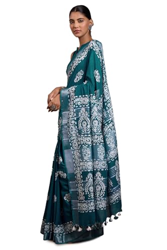 Soch Womens Teal Linen Batik Print Saree