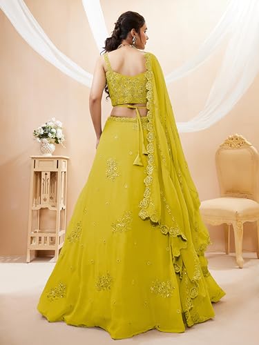 Zeel Clothing Women's Georgette Semi Stitched Lehenga Choli With Dupatta (7060-Yellow-Wedding-Lehenga-Choli; Free Size)