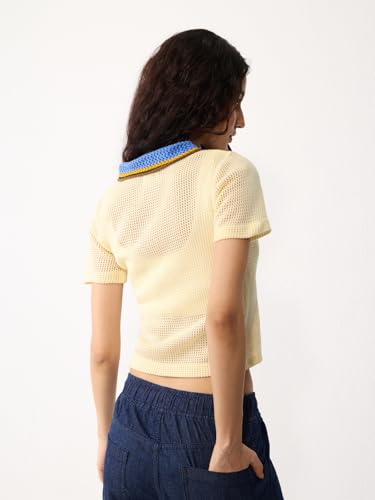 The Souled Store Open Knit Polo: Prism Women and Girls Short Sleeves Spread Collar Light Yellow Textured Solid Acrylic Regular Fit Breathable Contrast Trim Streetwear Polo T-Shirt