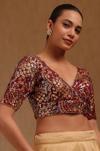 Soch Womens Maroon Georgette Embroidered Padded Blouse with Sequins