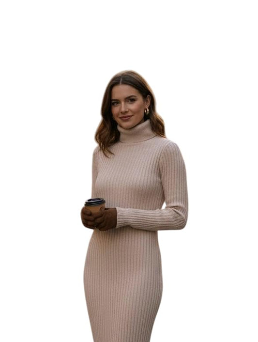 PatolaSwag Women’s Warm Winter High Neck Long Dress – Chic Ribbed Bodycon Fit, Office Wear, Casual Outings & Travel (in, Alpha, S, Regular, Standard, Beige)