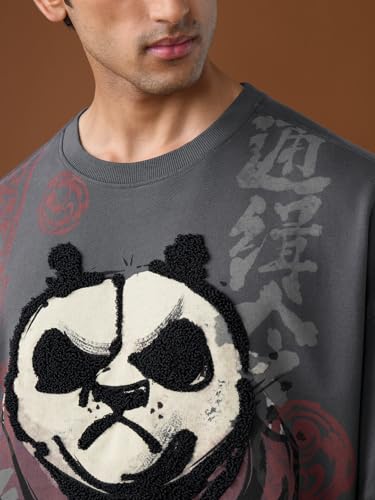 The Souled Store Kung Fu Panda: Angry Panda Men and Boys Short Sleeves Round Neck Grey Graphic Printed Embroidered Cotton Oversized T-Shirt