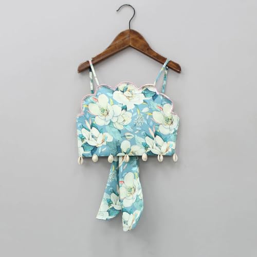Leons Fab Girl's Floral Printed Scalloped Cut Back Tie Knot Top With Lehenga (11-12 Years, Green)