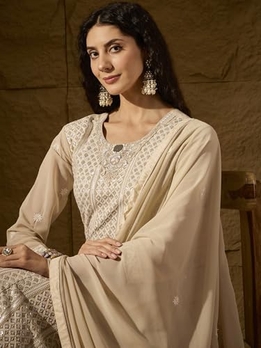 Hoyendiafad Women's Cream Faux Georgette Stitched Gown With Dupatta Full Sleeve Embroidered Anarkali Gown (HFY-1239-Cream-XXL)