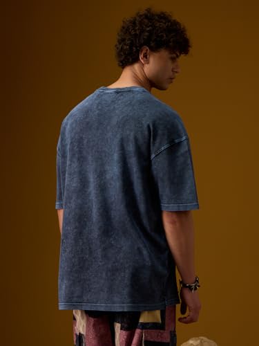 The Souled Store Nomad: Haven Men and Boys Short Sleeves Round Neck Charcoal Grey Embroidered Casual Drop Shoulder Streetwear Trendy Super Oversized T-Shirt